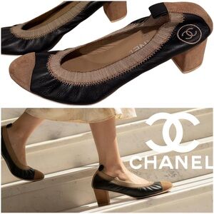 Authentic Vintage Chanel Black Suede Cap Toe Block Heel Pumps Shoes Size 39 GUC